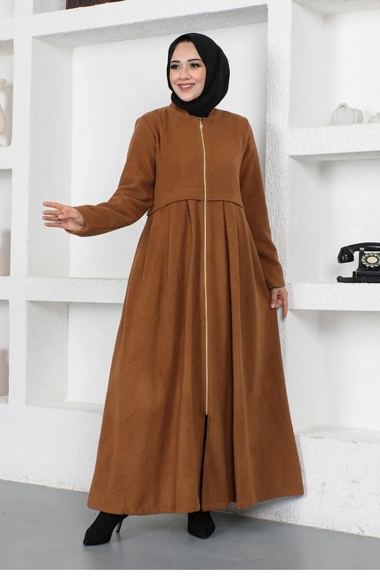 Pleated Stamp Hijab Coat 0024-01 Tan 0024A-01