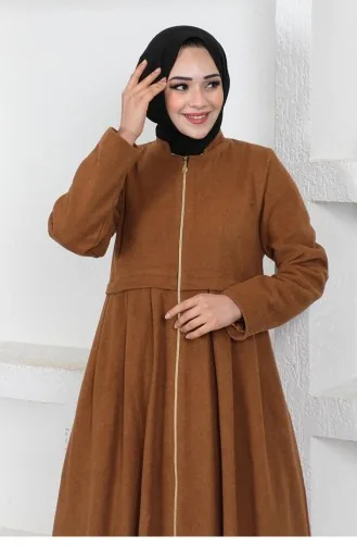 Pleated Stamp Hijab Coat 0024-01 Tan 0024A-01