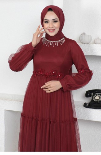 Claret Red Hijab Evening Dress 14322