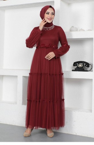 Claret Red Hijab Evening Dress 14322