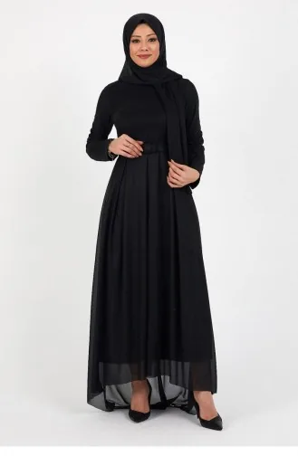 Simli Pileli Abiye Siyah 12240