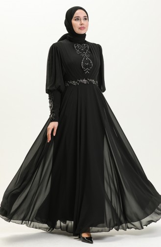 Robe de Soirée Plissée en Pierre 52847-04 Noir 52847-04