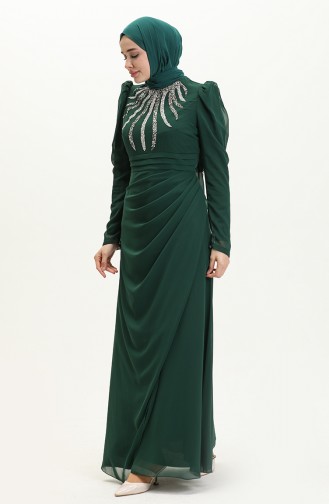 Stone Detailed Evening Dress 52861-02 Emerald Green 52861-02