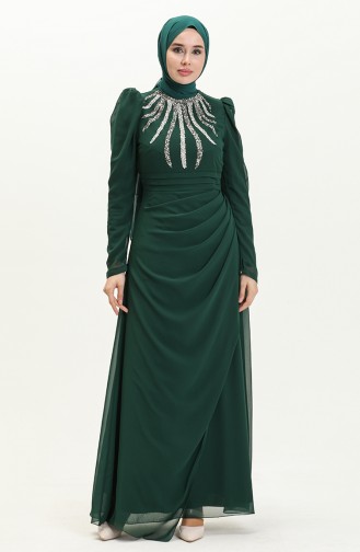 Stone Detailed Evening Dress 52861-02 Emerald Green 52861-02