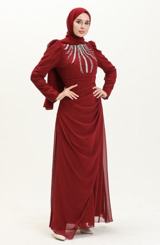 Stone Detailed Evening Dress 52861-05 Claret Red 52861-05