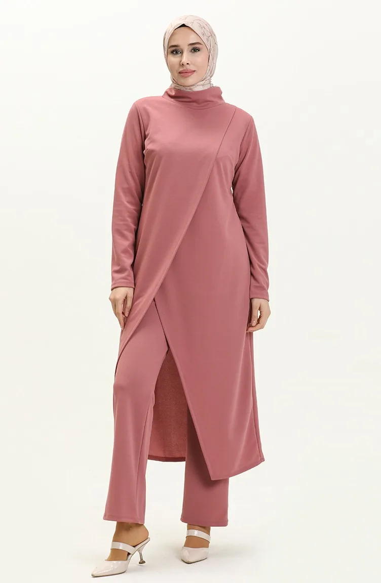 Ensemble Double Pantalon Tunique Hijab 8075-05 Rose Poudré 8075-05
