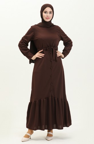 Button Detailed Belted Dress 1667-05 Brown 1667-05