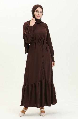 Button Detailed Belted Dress 1667-05 Brown 1667-05