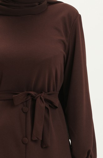 Button Detailed Belted Dress 1667-05 Brown 1667-05