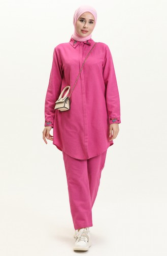 Linen Embroidered Tunic Pants Two-Piece Suit 1004-01 Fuchsia 1004-01