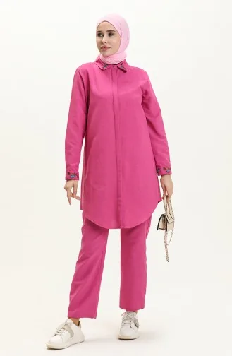 Linen Embroidered Tunic Pants Two-Piece Suit 1004-01 Fuchsia 1004-01