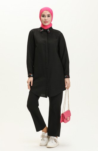 Linen Embroidered Two Piece Suit 1004-02 Black 1004-02