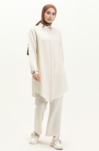 Linen Embroidered Tunic Pants Two-Piece Suit 1004-04 Beige 1004-04