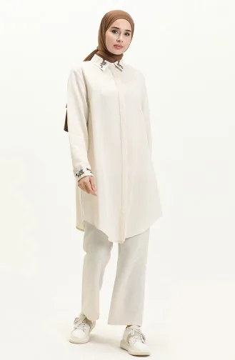 Linen Embroidered Tunic Pants Two-Piece Suit 1004-04 Beige 1004-04