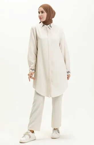 Linen Embroidered Tunic Pants Two-Piece Suit 1004-04 Beige 1004-04
