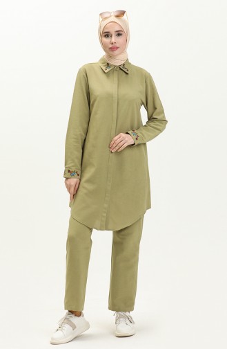 Linen Embroidered Tunic Pants Two-Piece Suit 1004-05 Khaki 1004-05