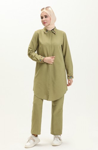 Linen Embroidered Tunic Pants Two-Piece Suit 1004-05 Khaki 1004-05