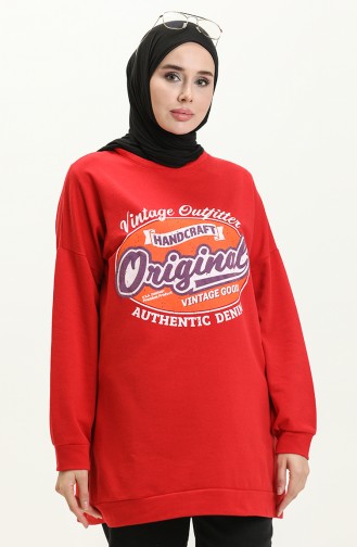 Original Renkli Yazı Baskılı Tesettür Tunik 394 Kırmızı