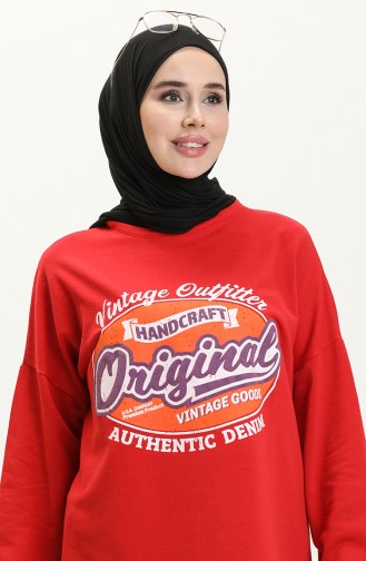 Original Renkli Yazı Baskılı Tesettür Tunik 394 Kırmızı