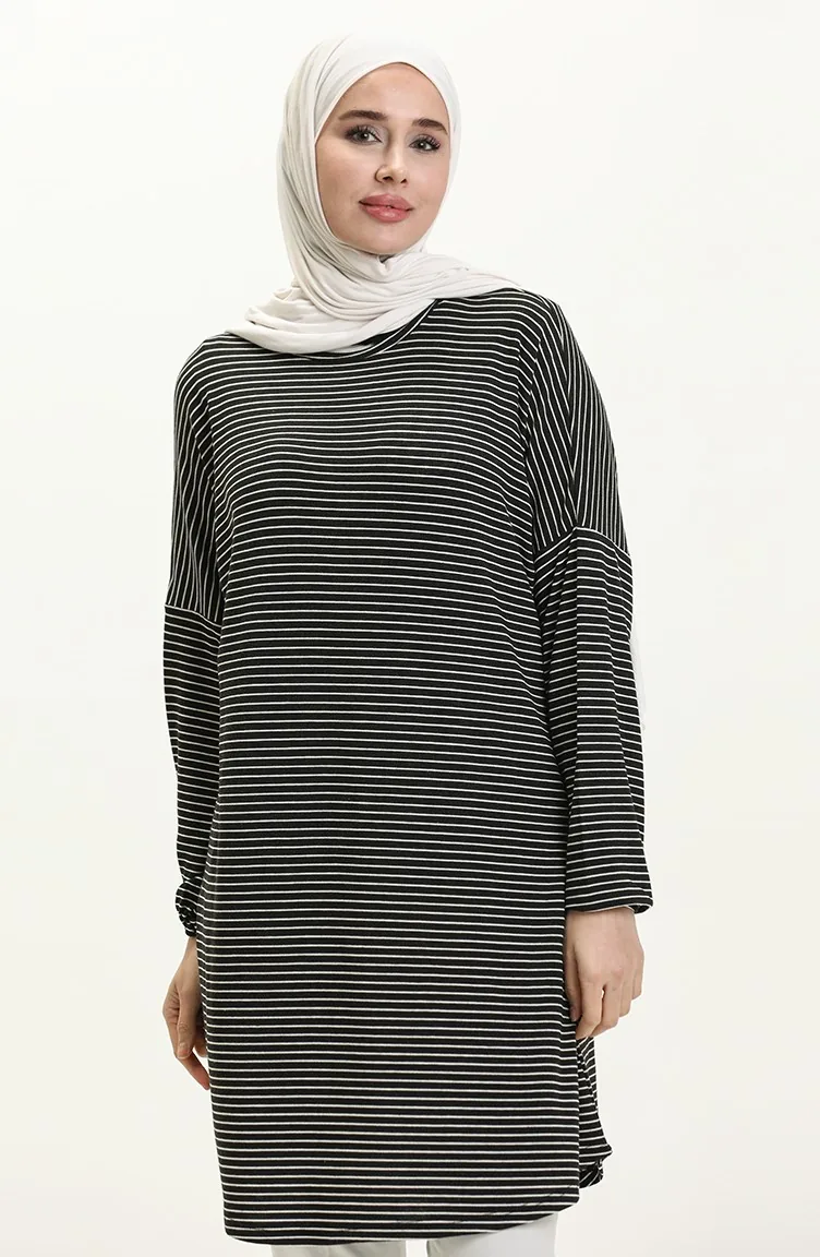 Elastic Sleeve Striped Tunic 1647-01 Black 1647-01