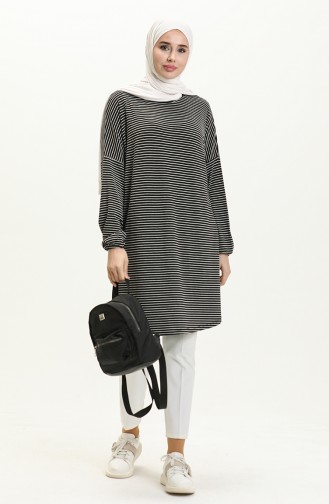 Elastic Sleeve Striped Tunic 1647-01 Black 1647-01