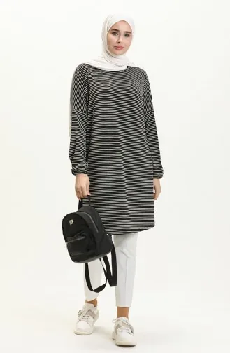 Elastic Sleeve Striped Tunic 1647-01 Black 1647-01