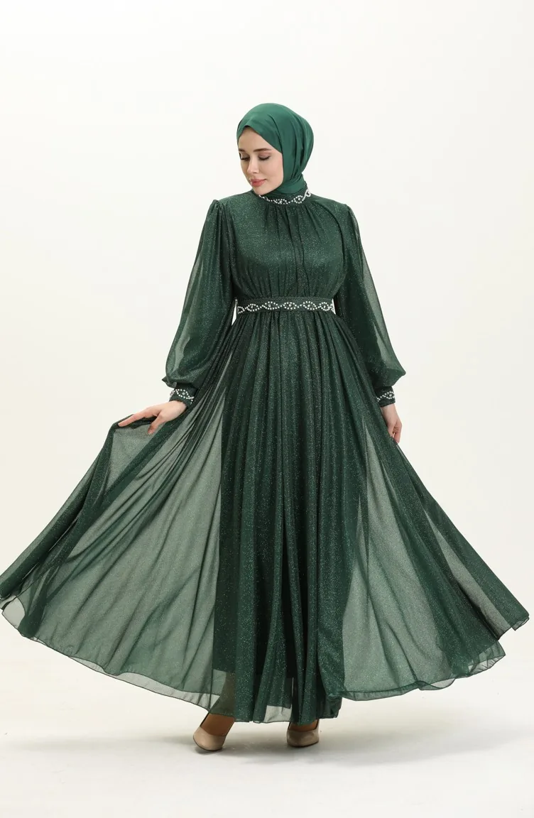 Robe De Soirée à Paillettes Et Perles émeraude 19004 14111