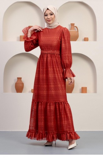 Brick Red Hijab Evening Dress 14352