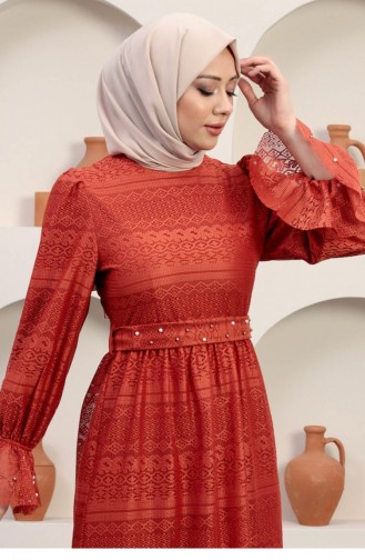 Brick Red Hijab Evening Dress 14352