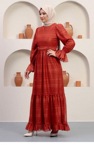 Brick Red Hijab Evening Dress 14352