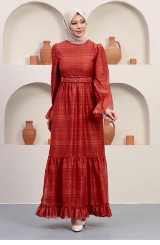 Brick Red Hijab Evening Dress 14352
