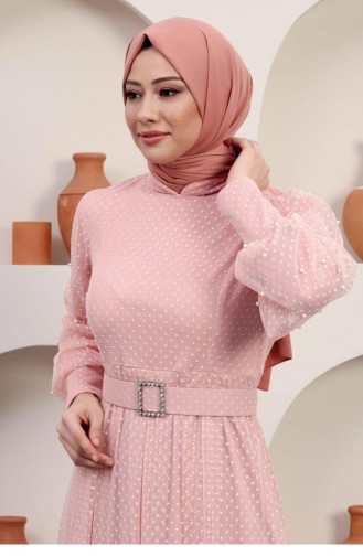 Powder Hijab Evening Dress 14373