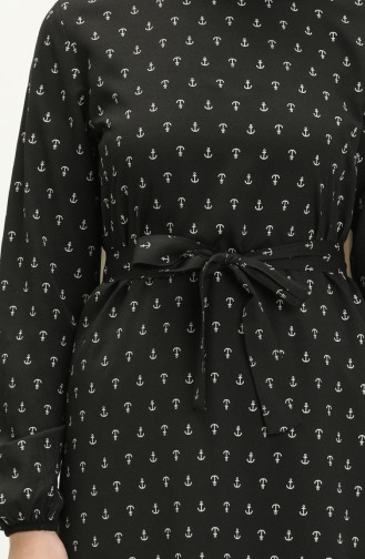 فستان منقوش بتفصيل مطاطي 2055-01 أسود 2055-01