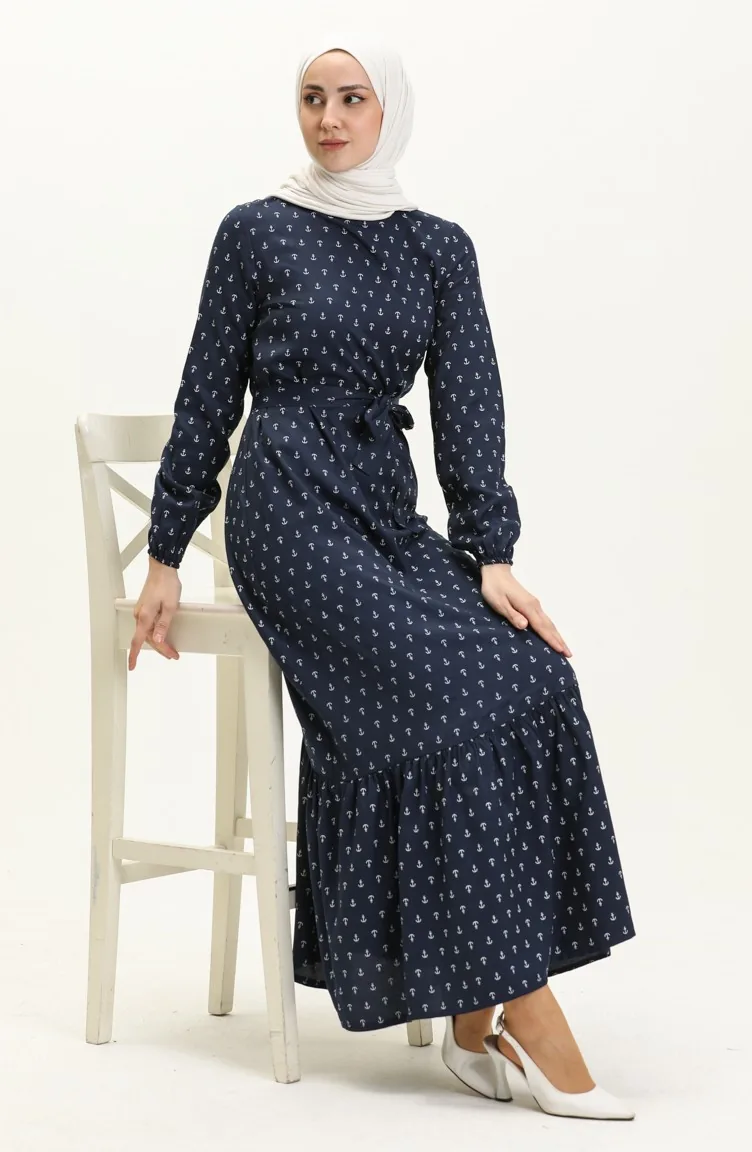 Gerafftes Kleid mit Ankermuster 2055-02 Marineblau 2055-02