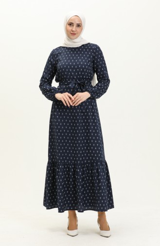 Anchor Print Shirred Dress 2055-02 Navy Blue 2055-02