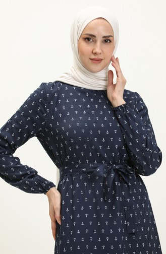 Anchor Print Shirred Dress 2055-02 Navy Blue 2055-02