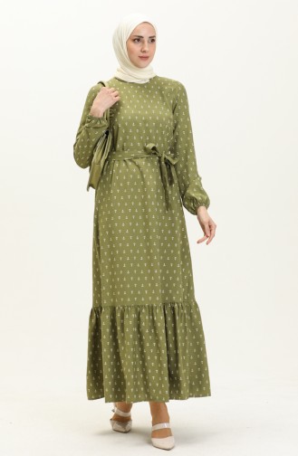 فستان منقوش بتفصيل مطاطي 2055-04 أخضر 2055-04