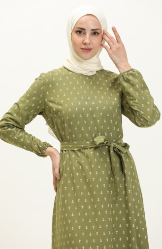 فستان منقوش بتفصيل مطاطي 2055-04 أخضر 2055-04
