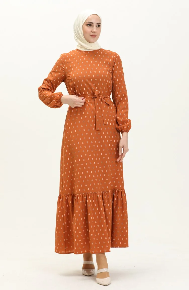 Gerafftes Kleid mit Ankermuster 2055-06 Tabak 2055-06