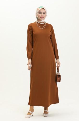 Basic Hijab Kleid mit elastischen Ärmeln 4158-02 Tabak 4158-02