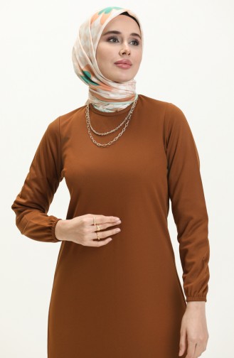 Elastic Sleeve Basic Hijab Dress 4158-02 Tan 4158-02