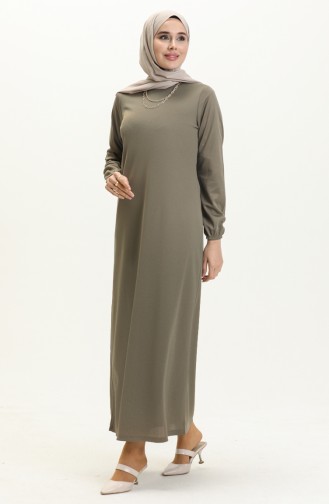 Basic Hijab Kleid mit elastischen Ärmeln 4158-04 Helles Khaki Grün 4158-04