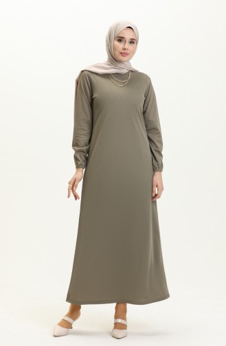 Basic Hijab Kleid mit elastischen Ärmeln 4158-04 Helles Khaki Grün 4158-04