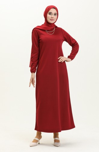 Basic Hijab Kleid mit elastischen Ärmeln 4158-07 Burgunderrot 4158-07