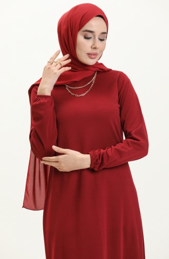 Basic Hijab Kleid mit elastischen Ärmeln 4158-07 Burgunderrot 4158-07