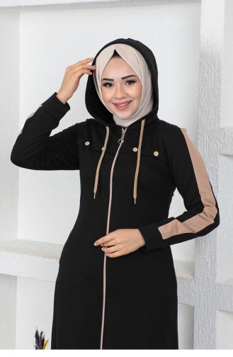 Kuş Gözü Şerit Detay Spor Ferace Siyah