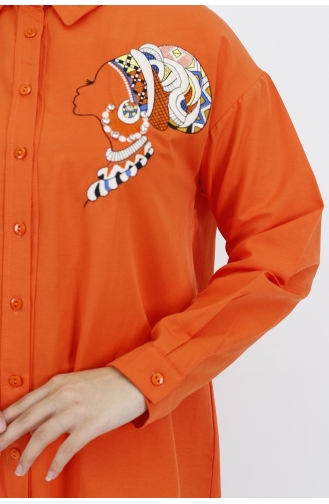 Kadın Silüet Nakışlı Poplin Kumaş Tunik Gömlek 23069-01 Oranj