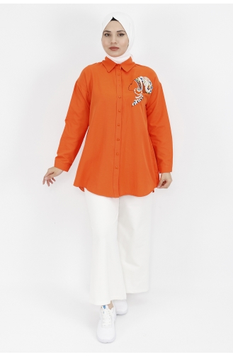 Kadın Silüet Nakışlı Poplin Kumaş Tunik Gömlek 23069-01 Oranj
