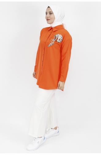 Kadın Silüet Nakışlı Poplin Kumaş Tunik Gömlek 23069-01 Oranj