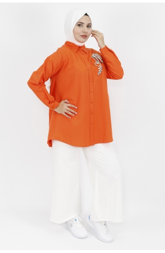 Kadın Silüet Nakışlı Poplin Kumaş Tunik Gömlek 23069-01 Oranj